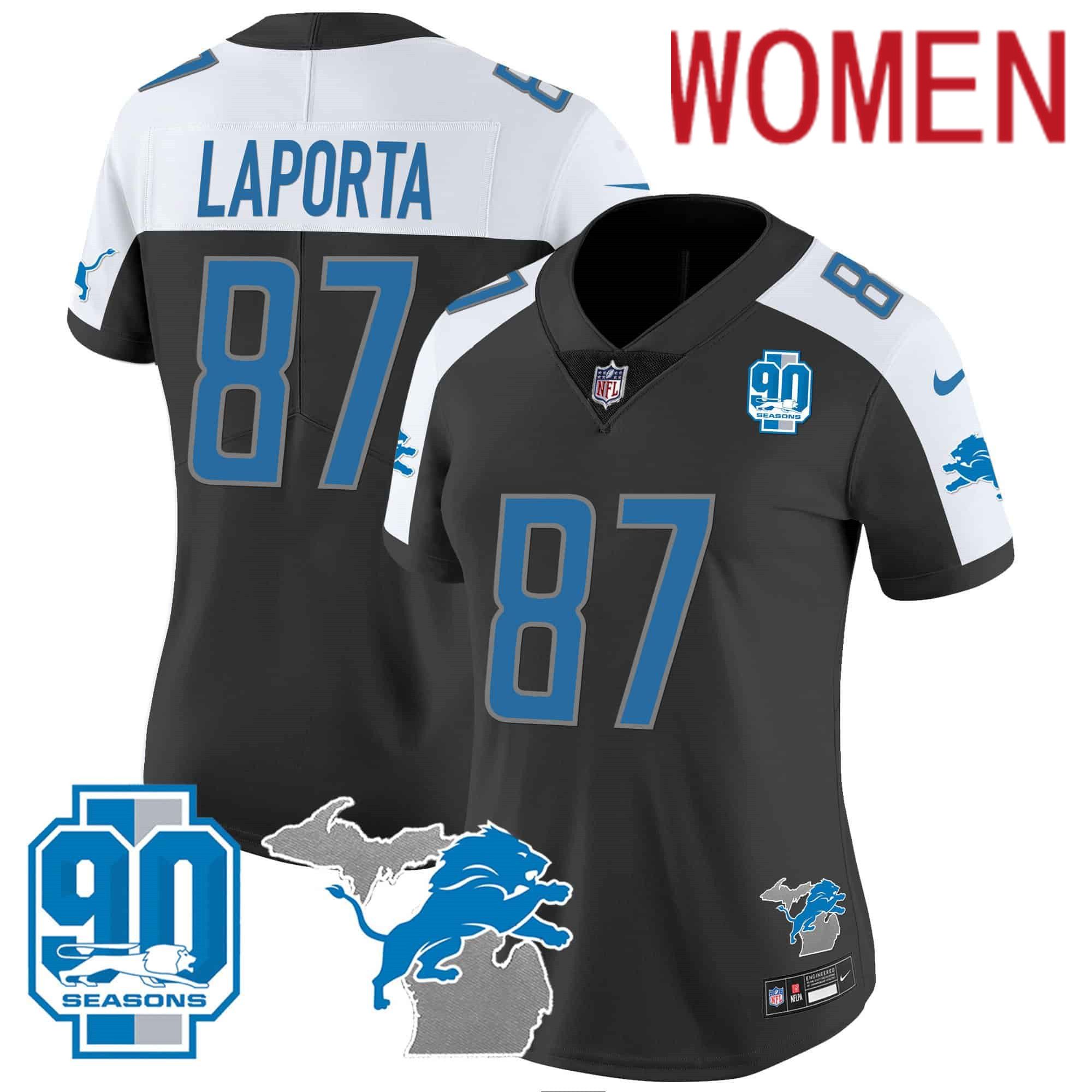 Women Detroit Lions 87 Laporta Black 2024 Nike 90th Year Michigan Patch Vapor NFL Jersey